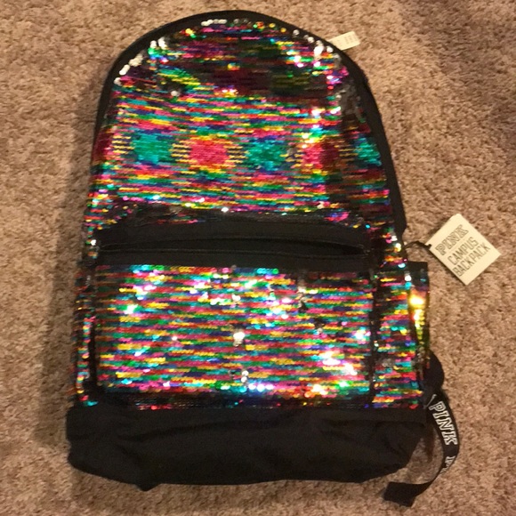 NEW Victoria’s Secret PINK Rainbow Multi Sparkle Sequin Backpack Schoolbag 3 - Picture 2 of 8
